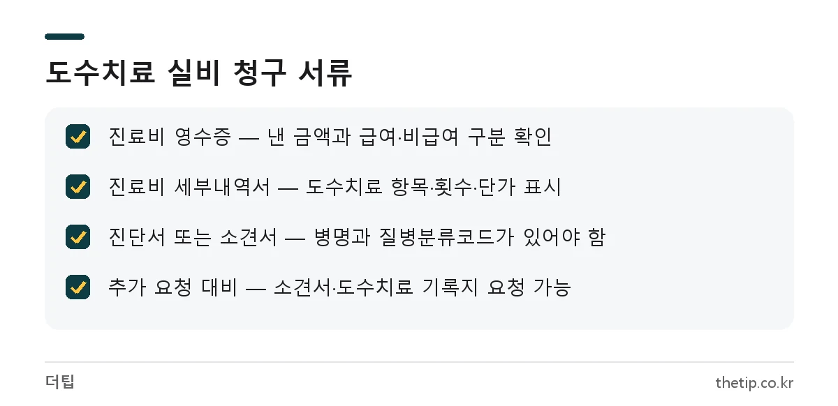 도수치료 실비 청구 서류 3가지: 진료비 영수증, 진료비 세부내역서, 질병코드가 적힌 진단서 또는 소견서