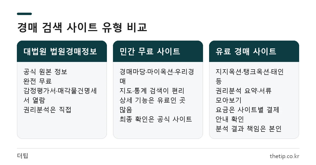 법원경매 무료검색 사이트 비교: 대법원 법원경매정보, 민간 무료 사이트, 유료 경매 사이트의 특징