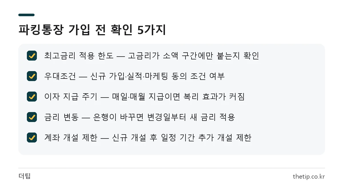 파킹통장 금리 비교 시 확인할 최고금리 적용 한도, 우대조건, 이자 지급 주기, 금리 변동, 계좌 개설 제한 체크리스트