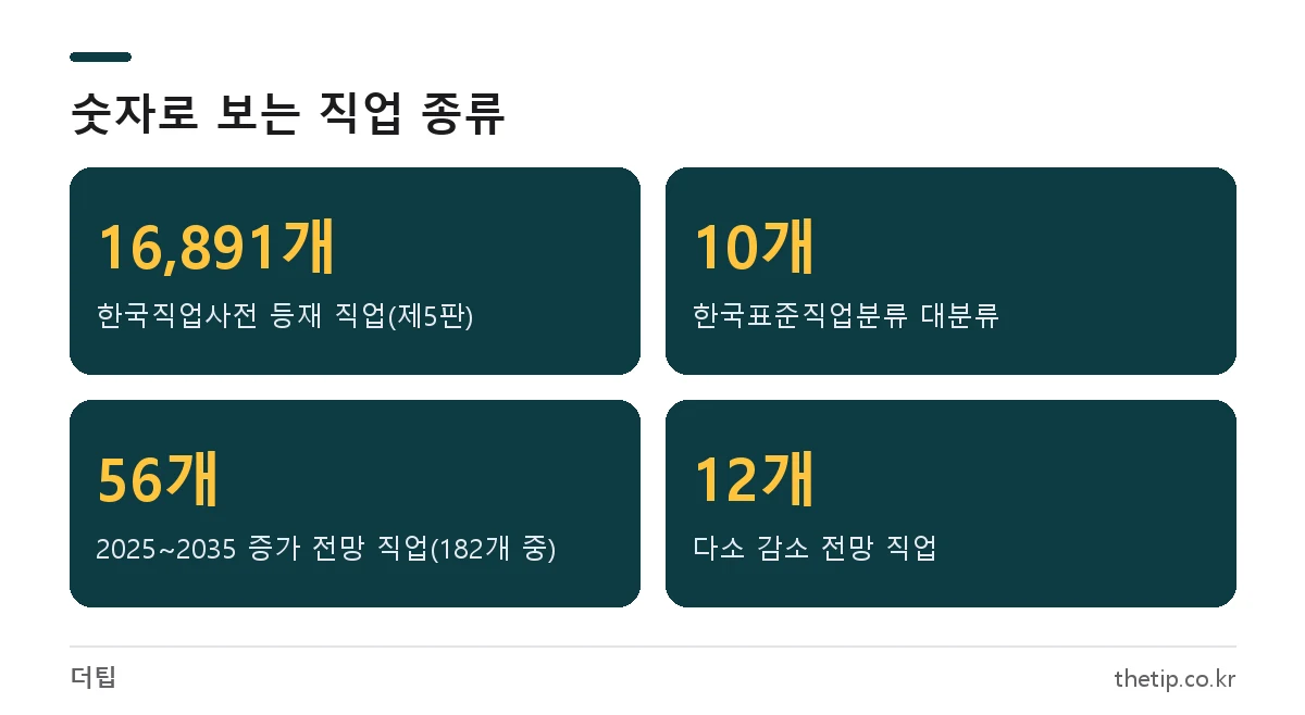 직업 종류 핵심 숫자: 한국직업사전 등재 직업 16,891개, 한국표준직업분류 10개 대분류, 2025~2035 전망 182개 직업 중 56개 증가