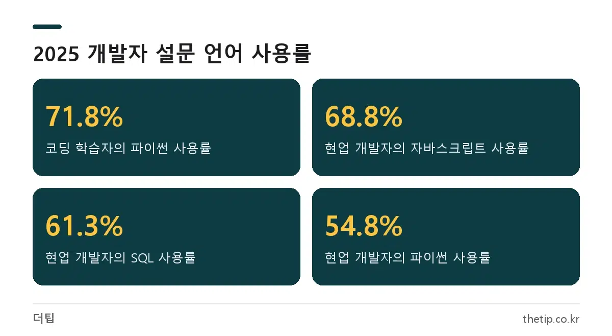 스택 오버플로 2025 개발자 설문 기준 코딩 입문자와 현업 개발자의 프로그래밍 언어 사용률