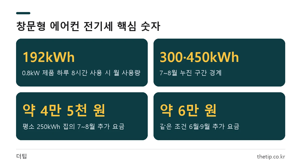 창문형 에어컨 전기세 계산 핵심 숫자: 0.8kW 하루 8시간 월 192kWh, 7~8월 누진 구간 300·450kWh, 평소 250kWh 가정 약 4만 5천 원 증가