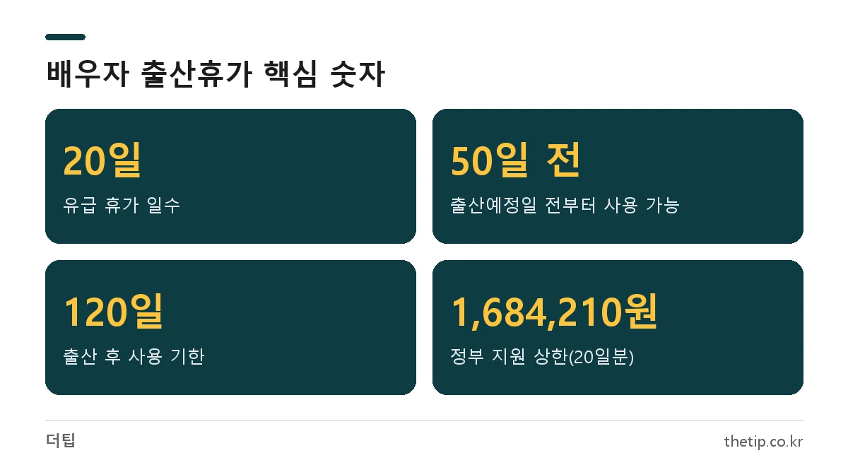 배우자 출산휴가 20일, 출산예정일 50일 전부터 출산 후 120일까지, 3회 분할, 급여 상한 1,684,210원