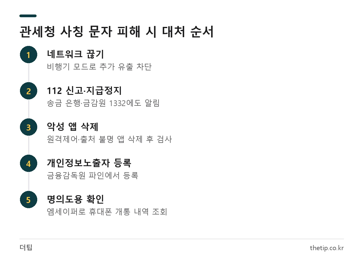 관세징수과 사칭 문자 링크를 눌렀거나 송금했을 때 112 신고와 지급정지, 앱 삭제, 개인정보노출자 등록 순서