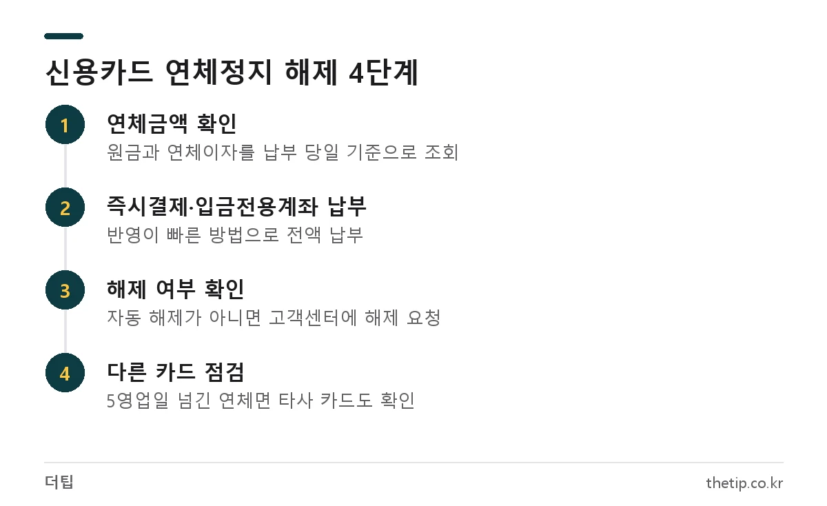 신용카드 연체정지 해제 방법 4단계: 연체금액 확인, 즉시결제 납부, 해제 여부 확인, 다른 카드 점검