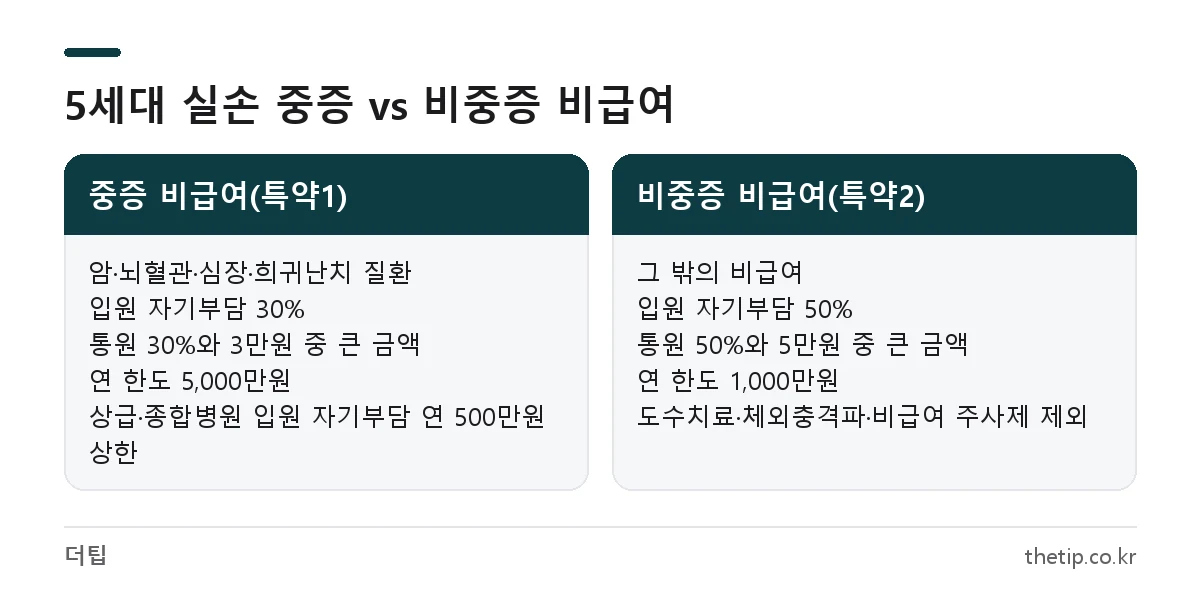 5세대 실손보험 중증 비급여 특약과 비중증 비급여 특약의 자기부담률과 보장 한도 비교