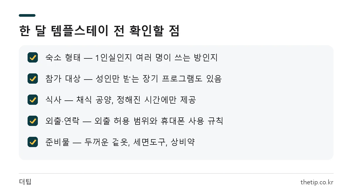 장기 템플스테이 예약 전 확인할 점 체크리스트: 숙소 형태, 참가 대상, 식사, 외출과 연락, 준비물
